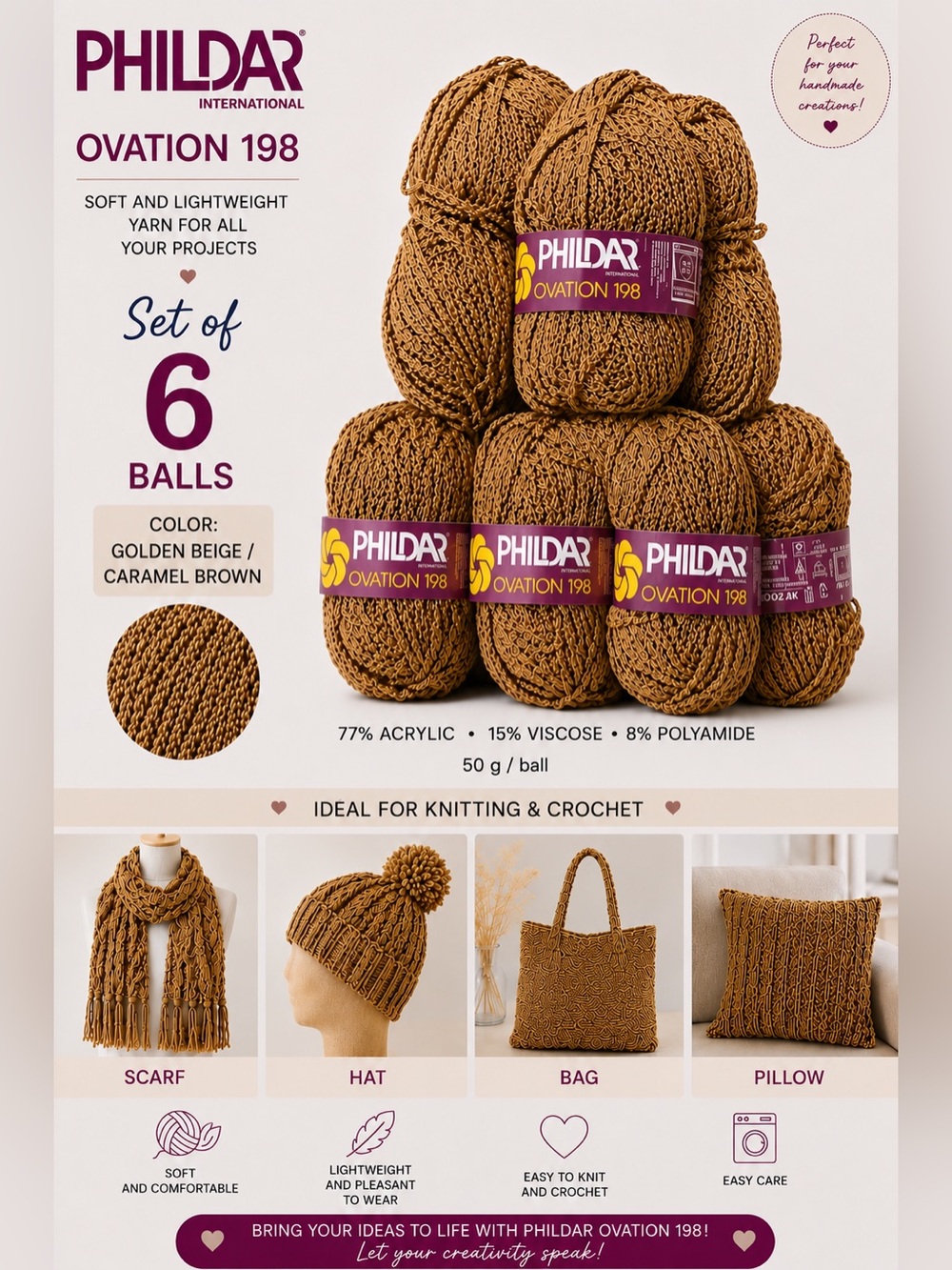 Phildar Ovation 198 Caramel Brown Yarn - Vintage - Set of 6